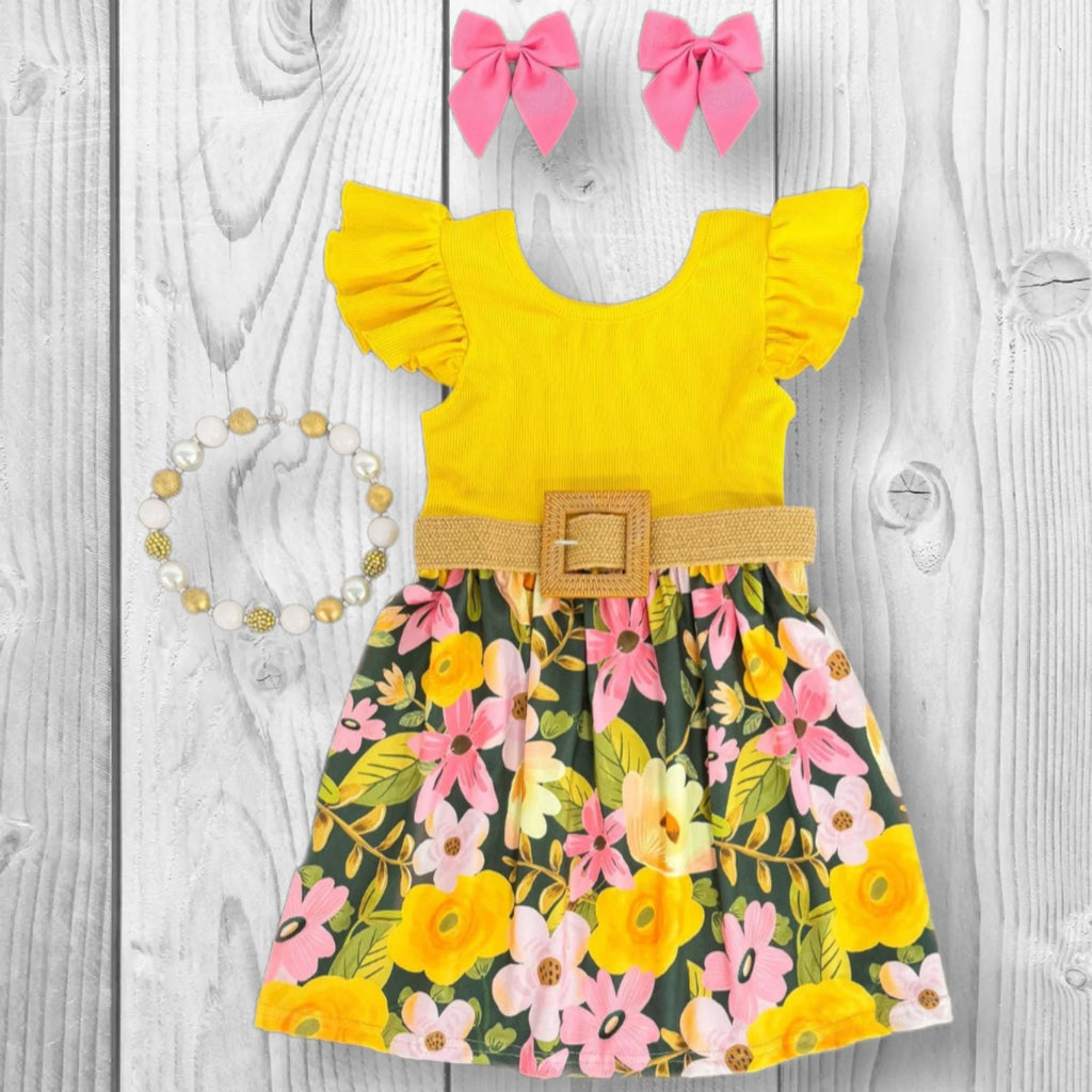 Girls Mustard Green Floral Dress, Spring Easter Outfit, Sizes 6M-16Y, Kids Clothing, Holiday Apparel, Flower Print