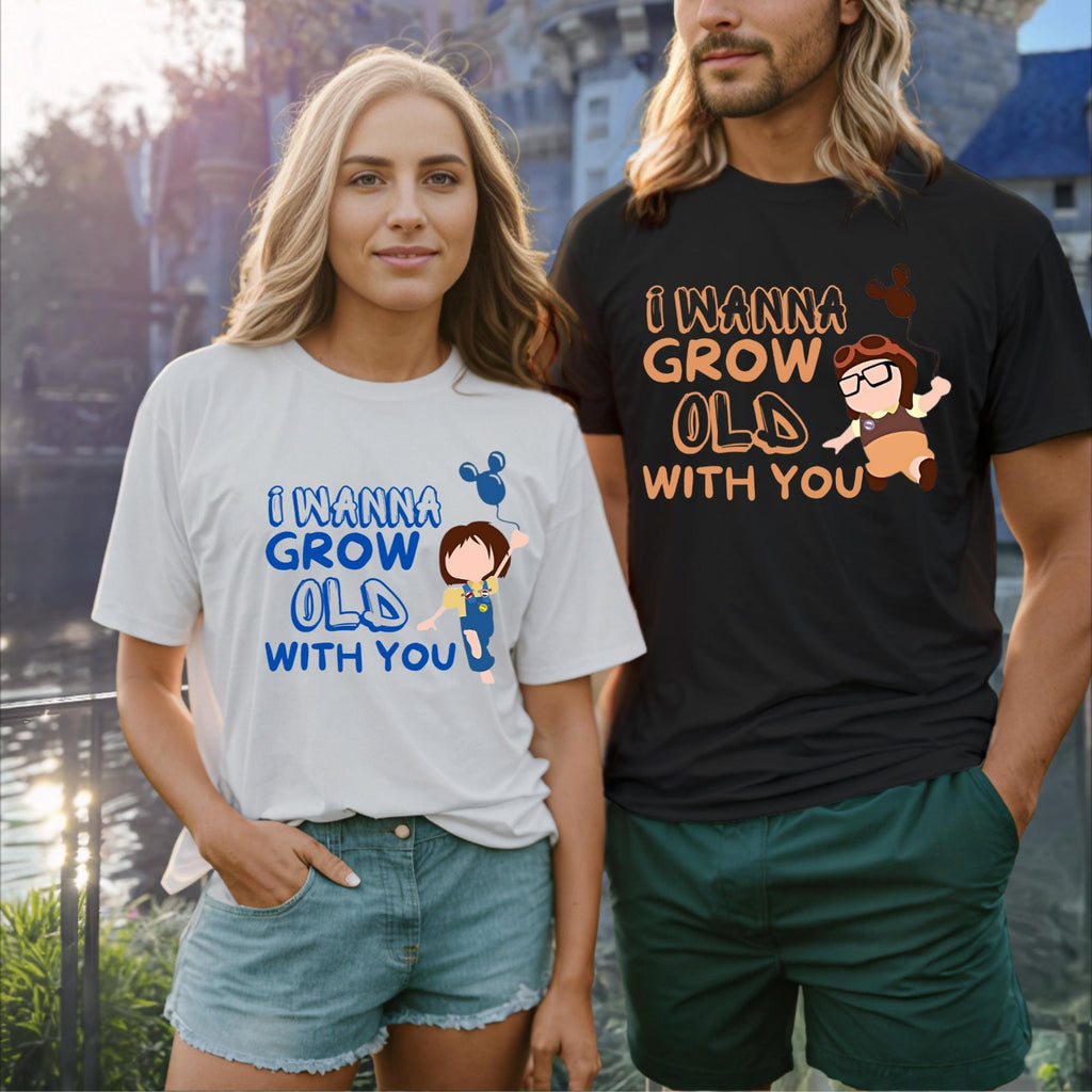 Disneyland Matching Couple Tees, Unisex Fit Heavy Cotton T-Shirt I Wanna Grow Old with You, Disney World Movie Up, Couples Gift, Matching