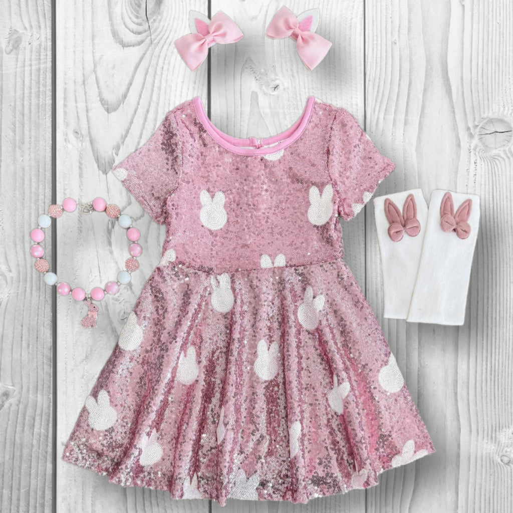 Pink Sequin Bunny Dress, Girls Spring Easter Outfit, Toddler Baby Cute Rabbit, Spring Celebration Apparel