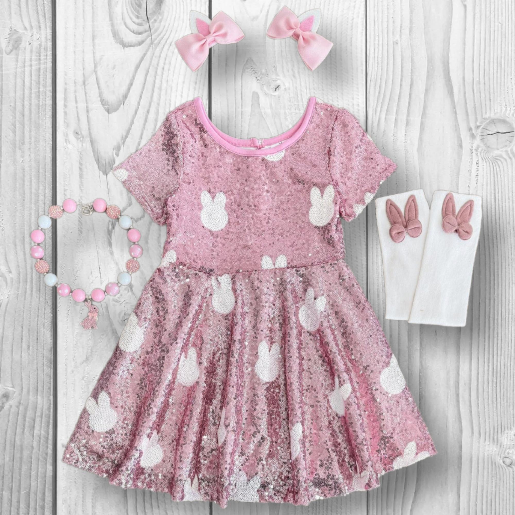 Pink Sequin Bunny Dress, Girls Spring Easter Outfit, Toddler Baby Cute Rabbit, Spring Celebration Apparel