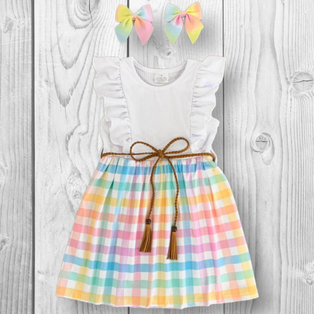 RESTOCKED! Girls/Toddler/Baby White Pastel Rainbow Plaid Dress, 6-12-18 Months 2T 3T 4T 5 6 7 8 10 12 14, Boutique Spring, Easter
