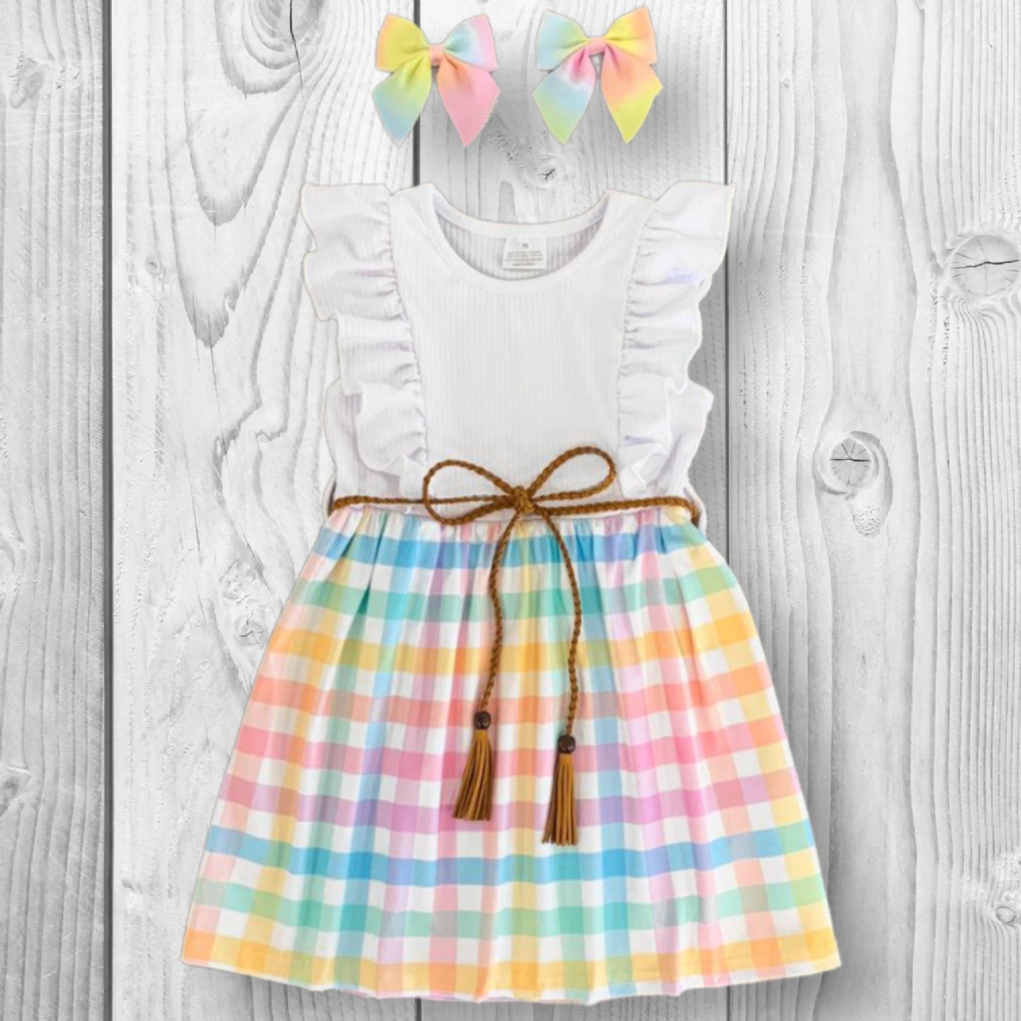 RESTOCKED! Girls/Toddler/Baby White Pastel Rainbow Plaid Dress, 6-12-18 Months 2T 3T 4T 5 6 7 8 10 12 14, Boutique Spring, Easter