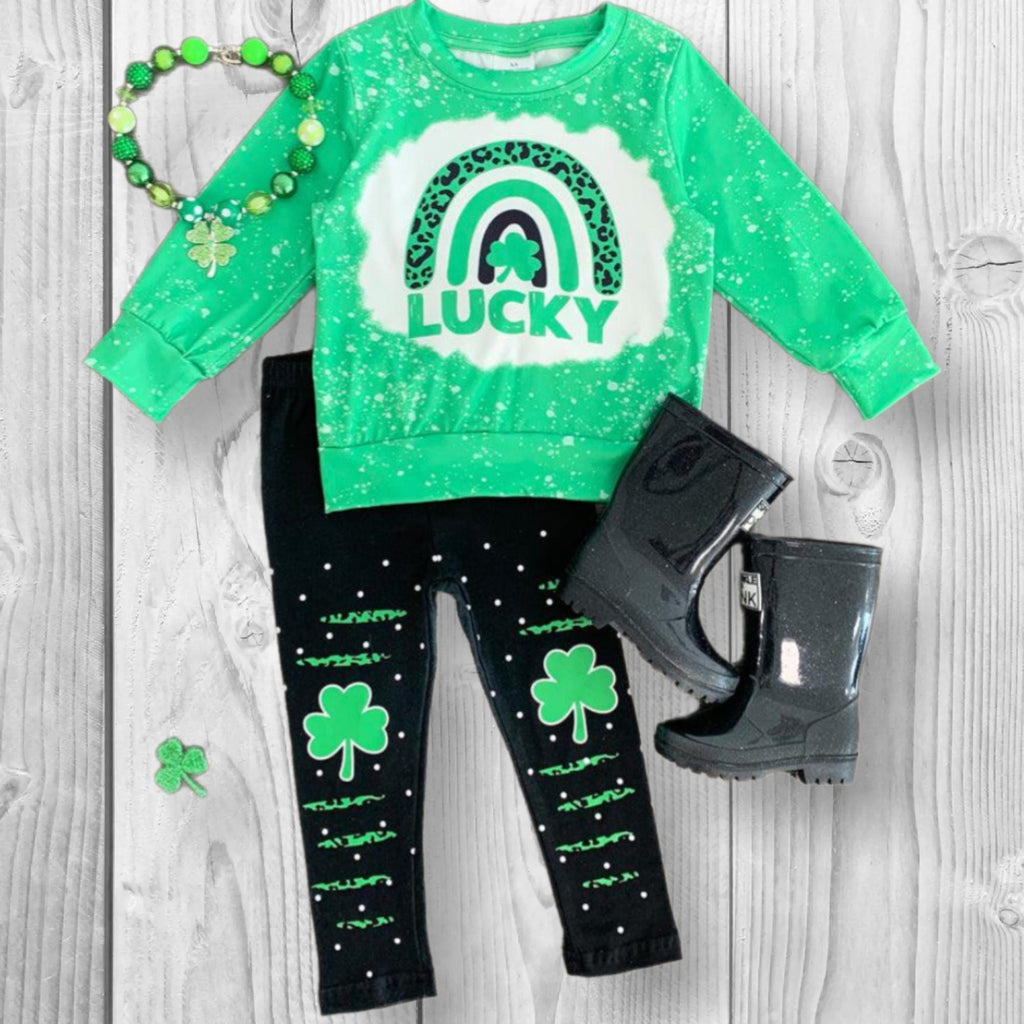 RESTOCKED! Girls/Toddler/Baby "Lucky" Green & Black Legging Set, 6 12 18 Months 2T 3T 4T 5 6 7 8 10 12 14, Ships From Utah, St Patrick's Day