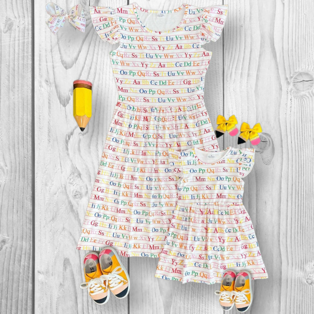 RESTOCKED! Girls/Toddler, Mom & Me, Teacher, White Alphabet Dress, 3T 4T 5 6 7 8 10 12 14 16 Years, Mom S-4-XL, Back To School Dress