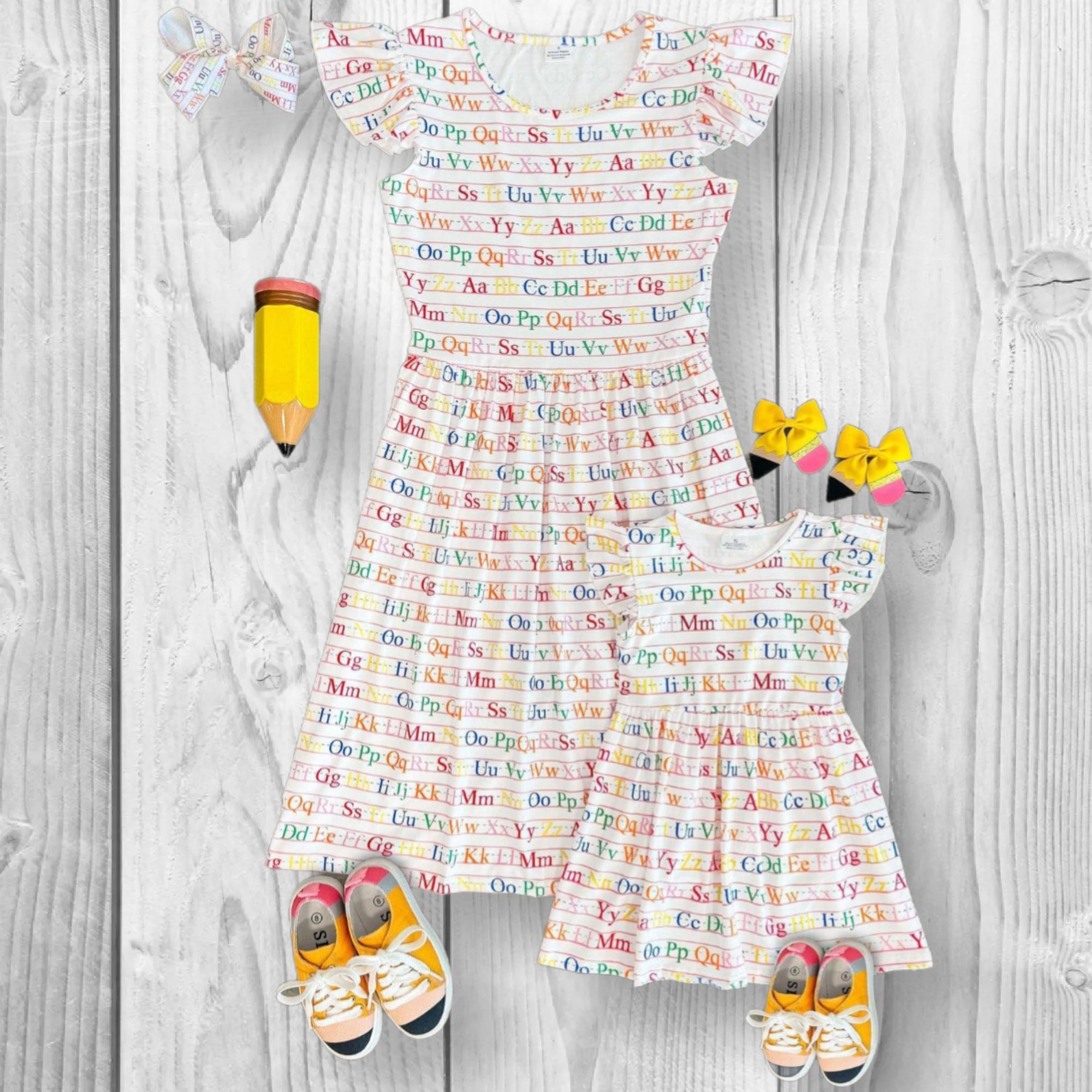 RESTOCKED! Girls/Toddler, Mom & Me, Teacher, White Alphabet Dress, 3T 4T 5 6 7 8 10 12 14 16 Years, Mom S-4-XL, Back To School Dress