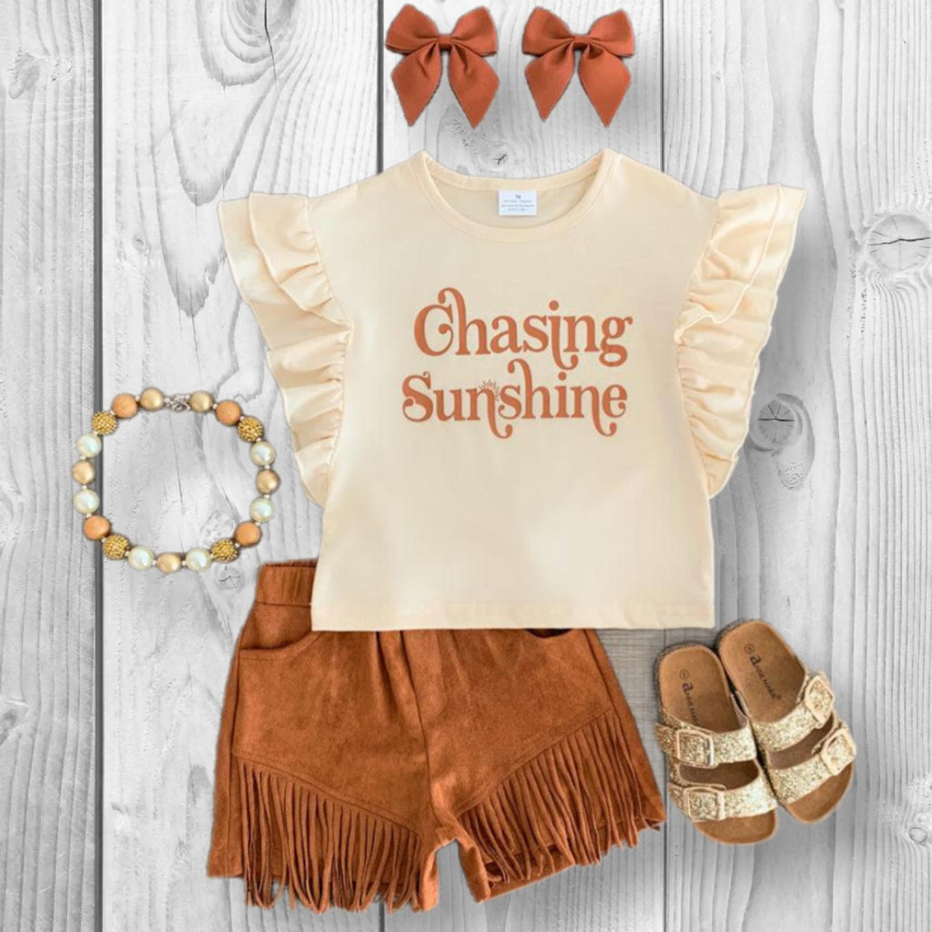 RESTOCKED! Girls/Toddler/Baby "Chasing Sunshine" Brown Fringe Suede Short Set, 6 12 18 Months 2T 3T 4T 5 6 7 8 10 12 14 16 Years, Boho