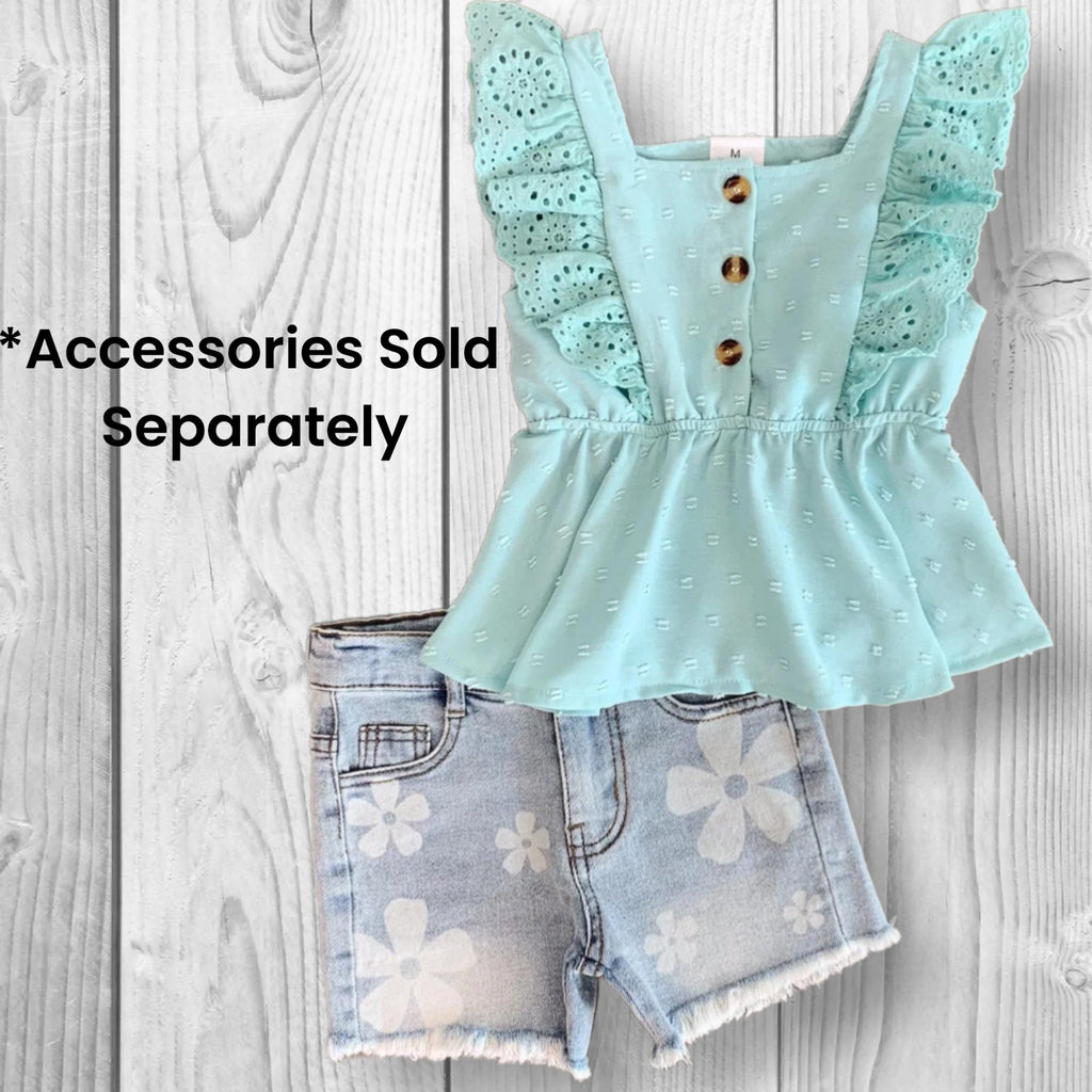 Girls Mint Swiss Dot Denim Short Set | Baby Toddler Summer Outfit | Ruffle Sleeve Top & Jean Shorts