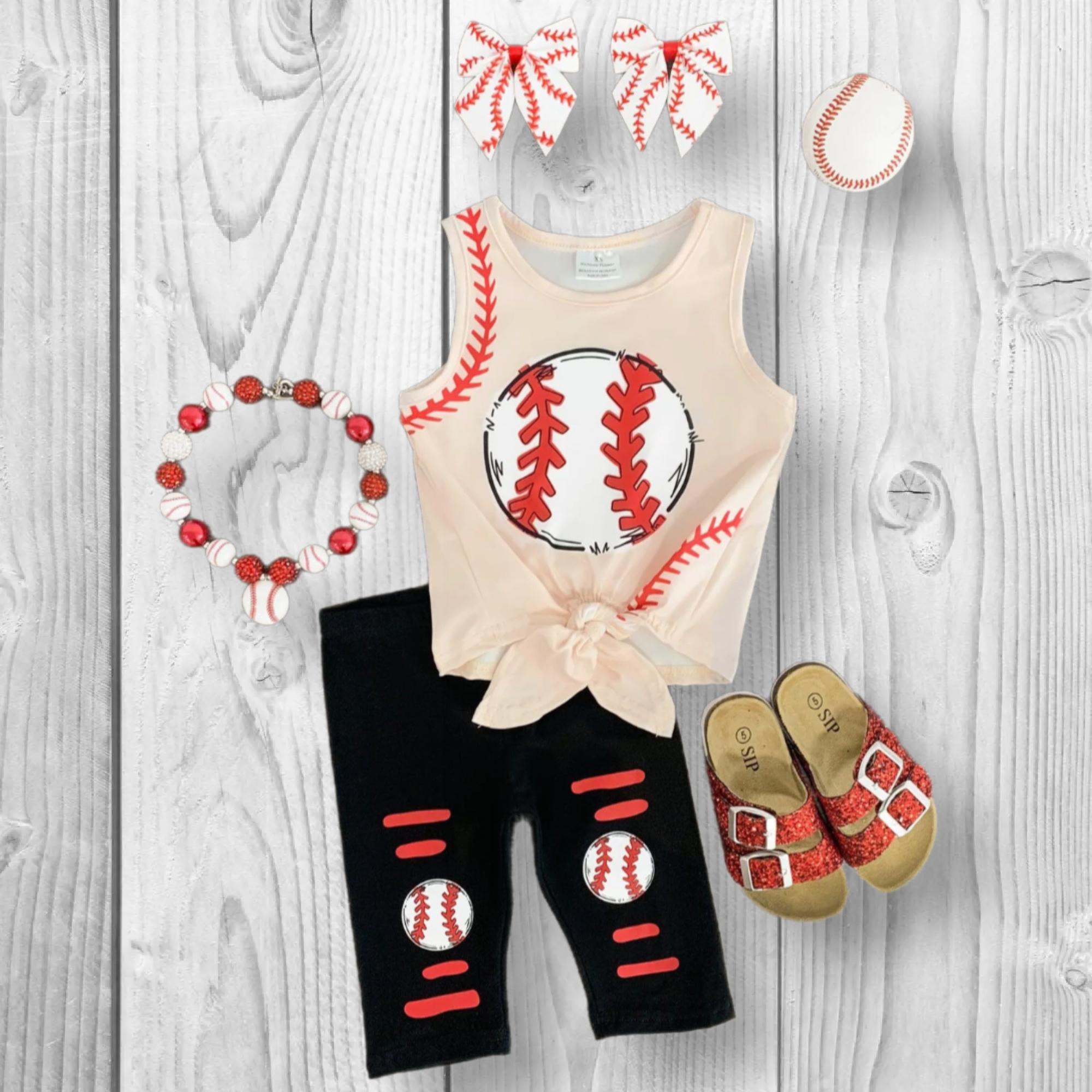 RESTOCKED! Girls/Toddler/Baby Tan & Black Baseball Stich Capri Set, 6 12 18 Months 2T 3T 4T 5 6 7 8 10 12 14 16, Tank Sleeve Sports Sister