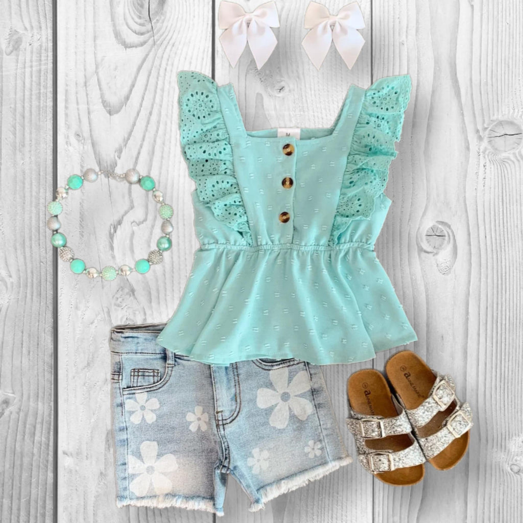 Girls Mint Swiss Dot Denim Short Set | Baby Toddler Summer Outfit | Ruffle Sleeve Top & Jean Shorts