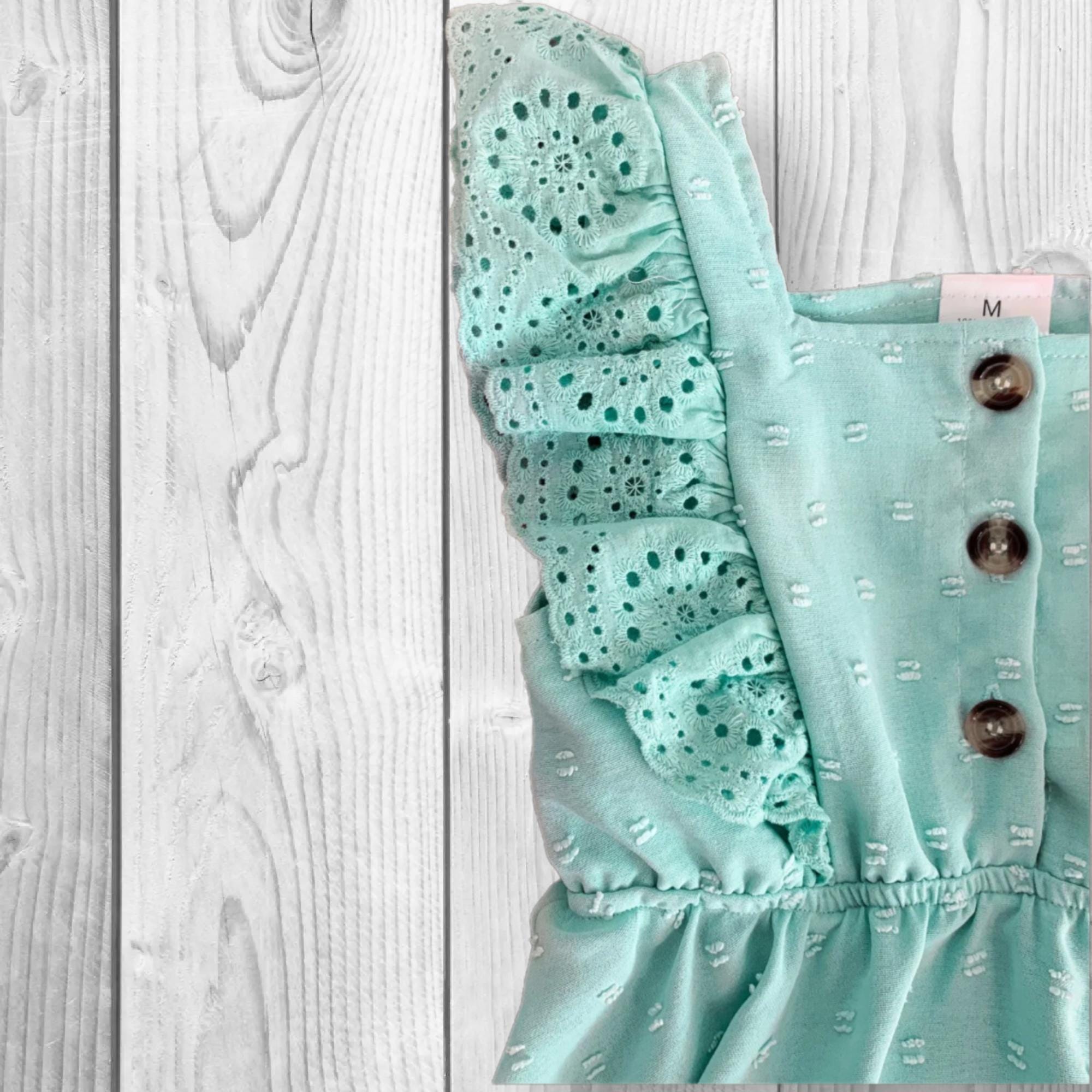 Girls Mint Swiss Dot Denim Short Set | Baby Toddler Summer Outfit | Ruffle Sleeve Top & Jean Shorts
