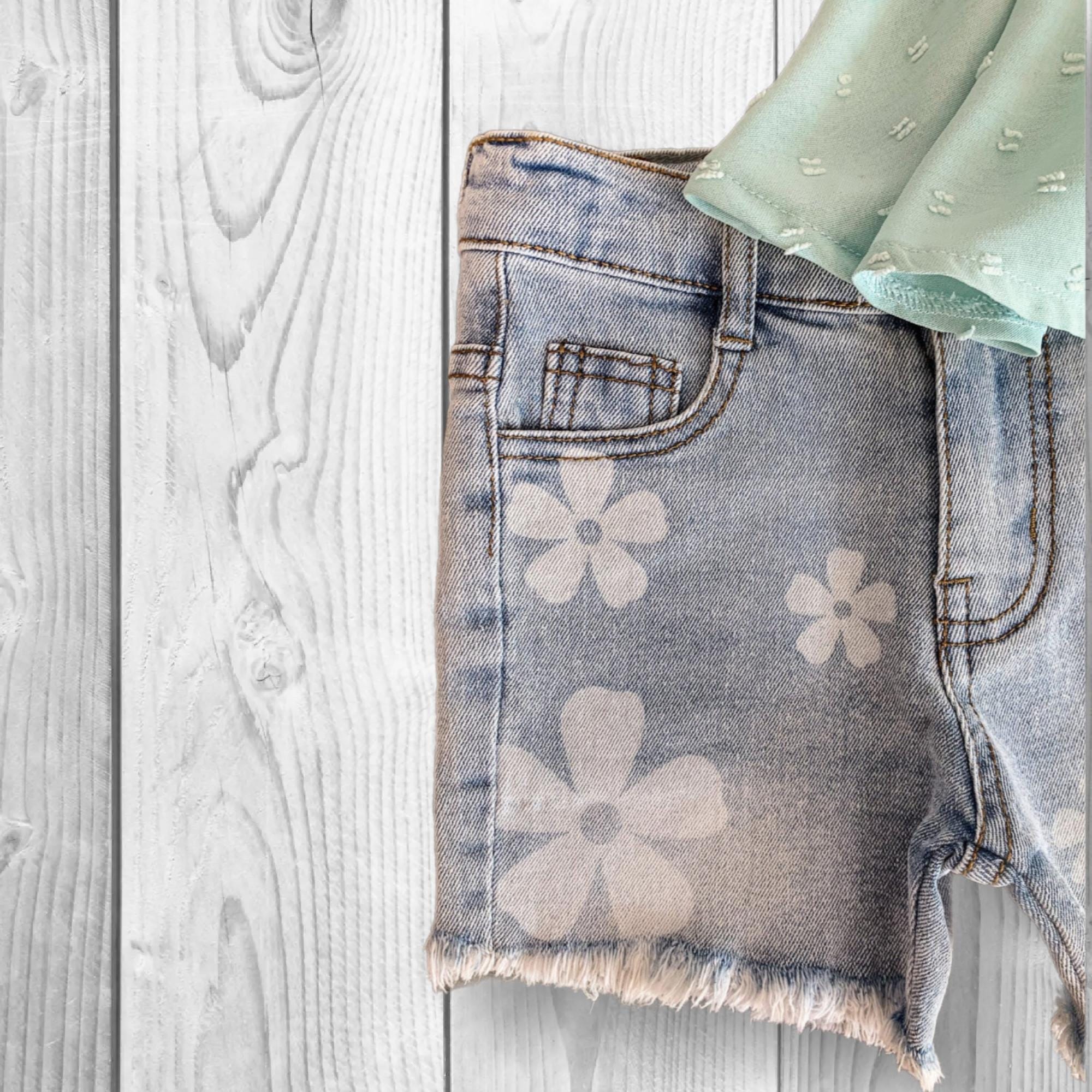 Girls Mint Swiss Dot Denim Short Set | Baby Toddler Summer Outfit | Ruffle Sleeve Top & Jean Shorts
