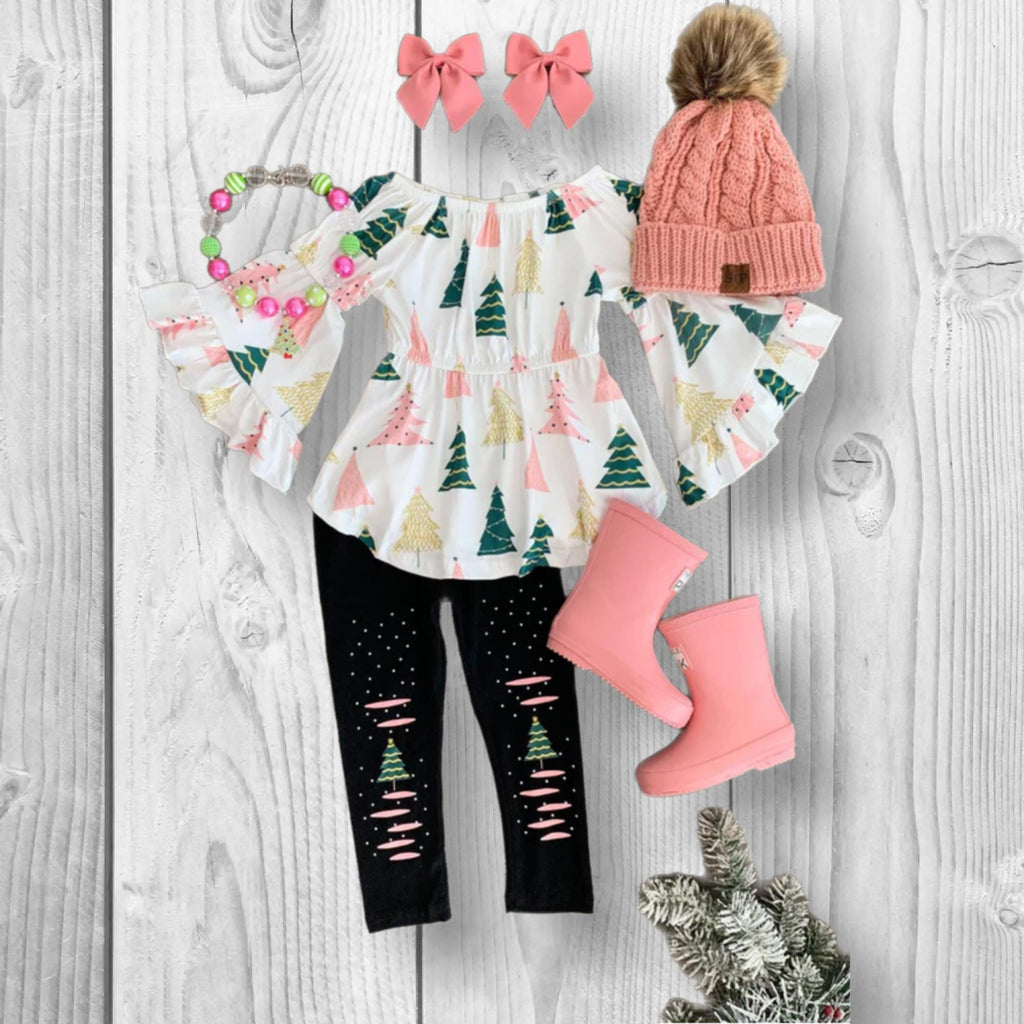 RESTOCKED! Girls/Toddler Pink & Green Christmas Tree Legging Set, 6-12 Months 12-18 Months 2T 3T 4T 5 6 7 8 10 12 14, 2 Piece Tunic Holiday