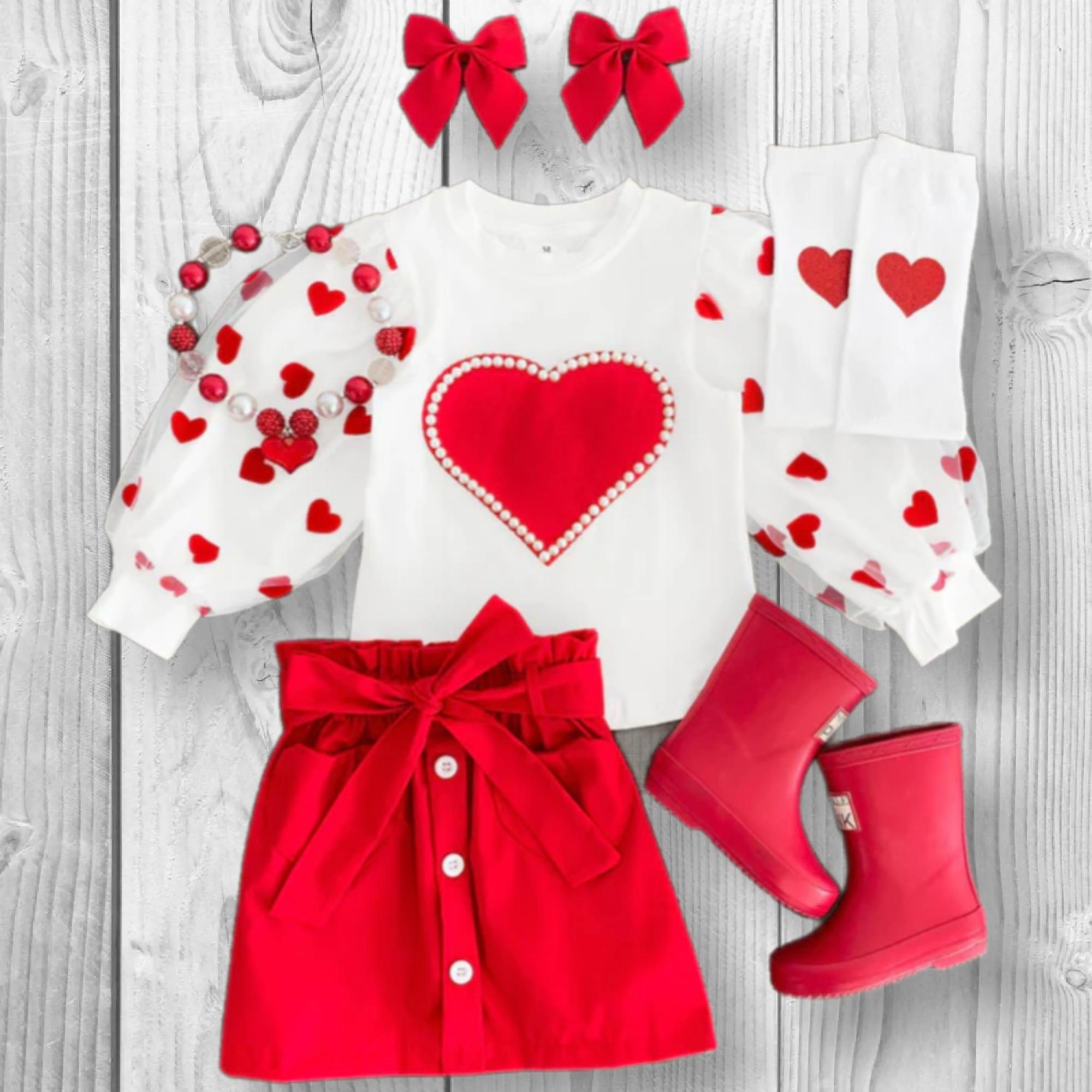 RESTOCKED! Girls/Toddler Hearts & Pearls Red Skirt Set Or Onesie 0-3, 3-6, 6-12 12-18 Months 2T 3T 4T 5 6 7 8 10 12 14 16, Boutique, White