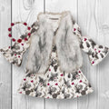 Girls/Toddler/Baby Floral Deer Bell Sleeve Dress & Deluxe Black And White Fur Vest Set