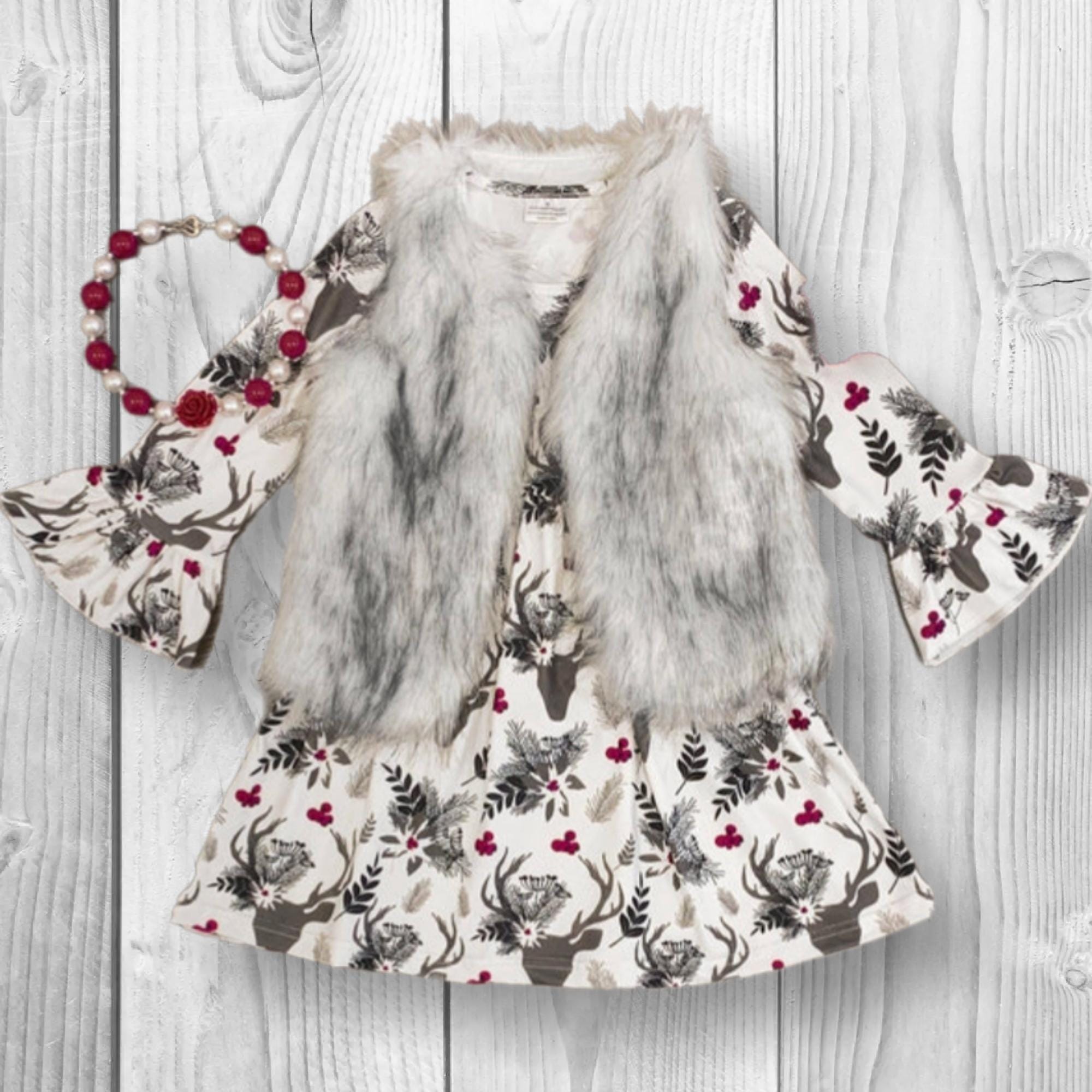 Girls/Toddler/Baby Floral Deer Bell Sleeve Dress & Deluxe Black And White Fur Vest Set