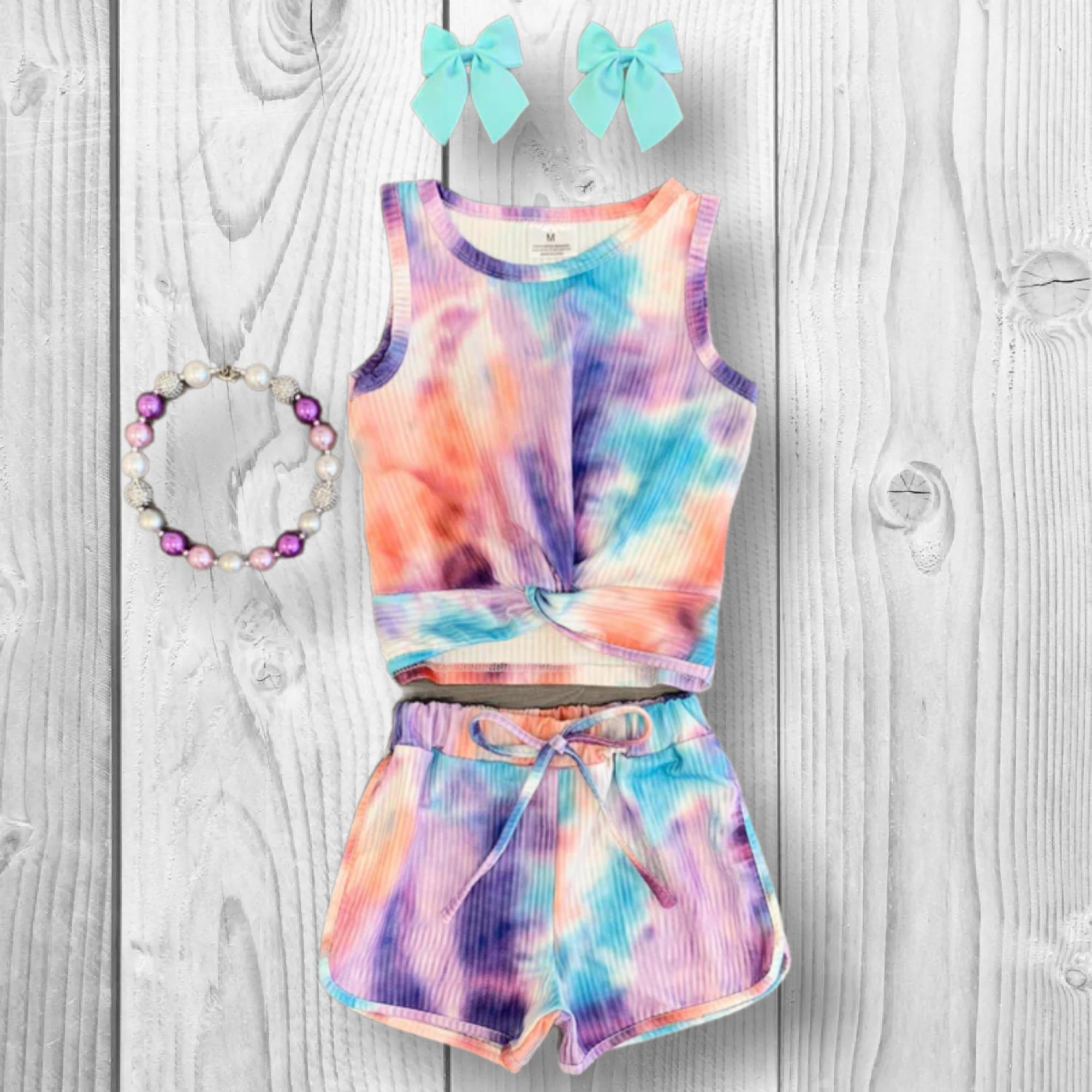 Girls/Toddler/Baby Purple Sunset Tie Dye Print Knotted Tank Top Short Set