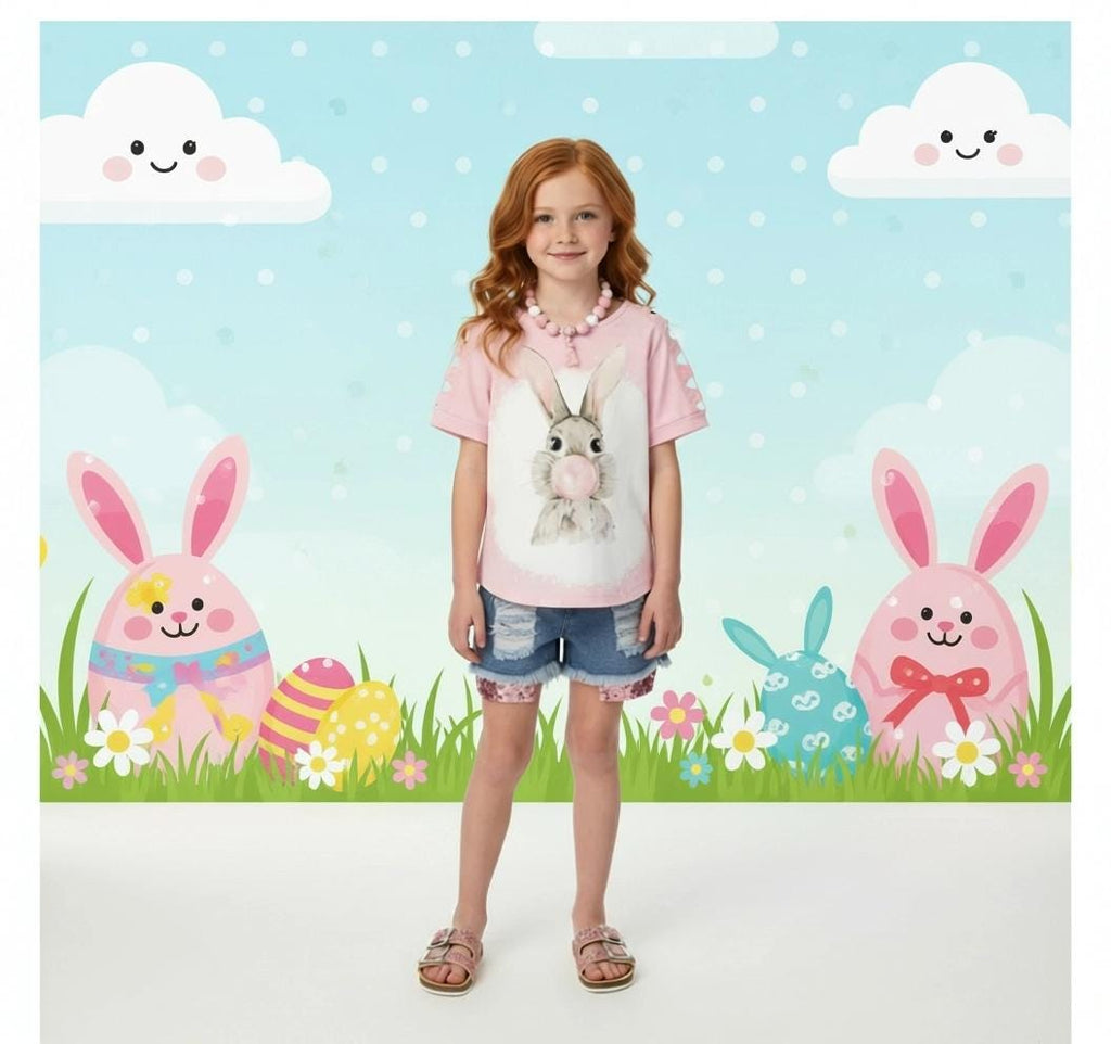 RESTOCKED! Girls Bubblegum Bunny Distressed Denim Short Set | Toddler Easter Outfit | Bunny Shorts Set | Spring Boutique Clothing