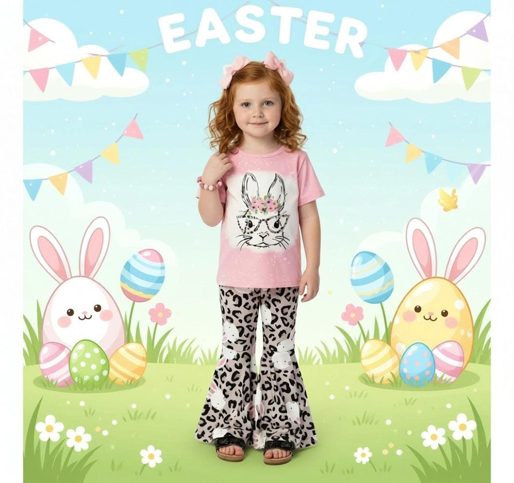 RESTOCKED! Girls/Toddler/Baby Pink Bunny Leopard Bell Bottom Set, Easter Outfit