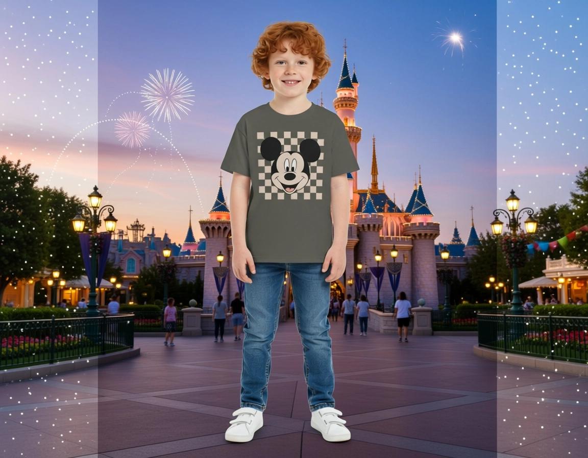 Boys Girls Unisex Vintage Mickey Mouse Checker Trendy Retro Youth Midweight Tee