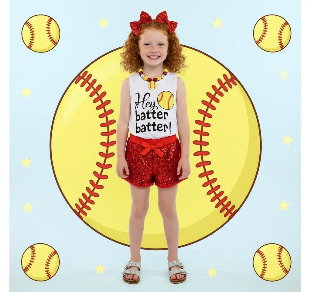 Girls/Toddler "Hey Batter Batter" Softball Sequin Short Set, 12-18 Months 2T 3T 4T 5 6 7 8 10 12 14, Red Game Day, Boutique Spring Summer