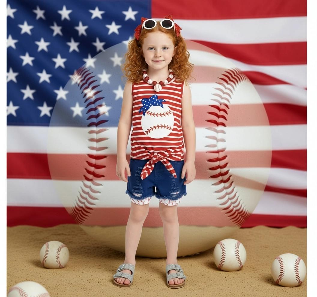 RESTOCKED! Girls/Toddler Red & Blue Baseball Distressed Denim Short Set, 12 18 Months 2T 3T 4T 5 6 7 8 10 12 14 Years, 4th Of July Patriotic