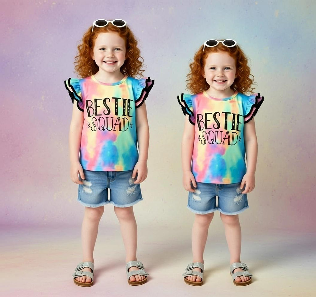 Bestie Squad Tie Dye Ruffle Sleeve Top, Matching Friends Shirt, Cute Summer Tee, Girls Trip Outfit