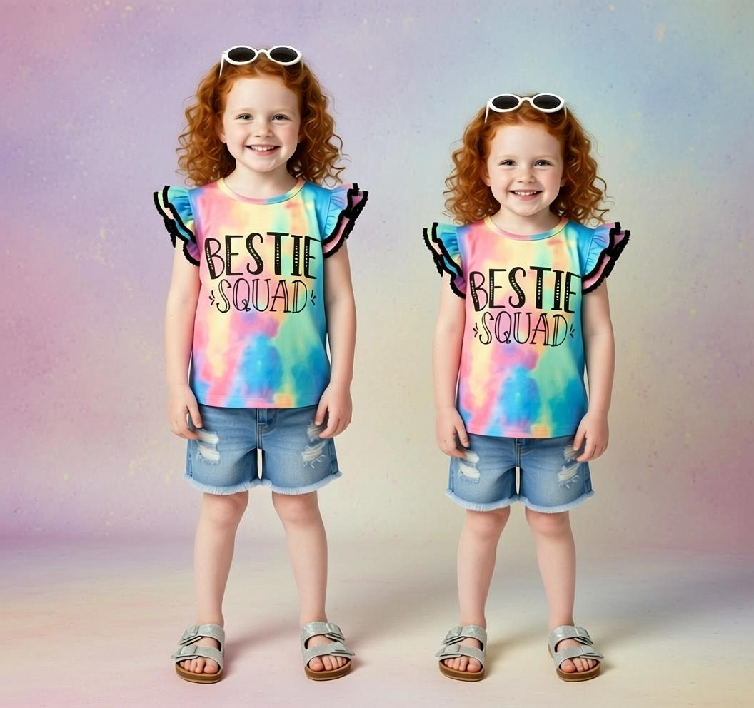 Bestie Squad Tie Dye Ruffle Sleeve Top, Matching Friends Shirt, Cute Summer Tee, Girls Trip Outfit