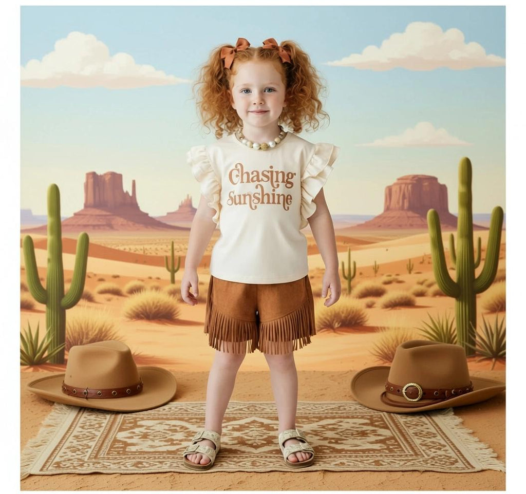 RESTOCKED! Girls/Toddler/Baby "Chasing Sunshine" Brown Fringe Suede Short Set, 6 12 18 Months 2T 3T 4T 5 6 7 8 10 12 14 16 Years, Boho
