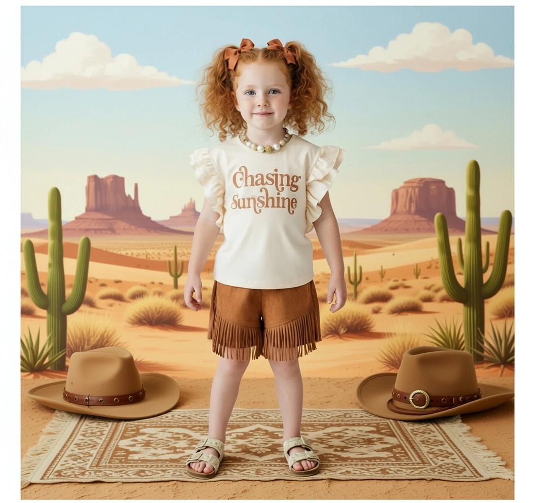 RESTOCKED! Girls/Toddler/Baby "Chasing Sunshine" Brown Fringe Suede Short Set, 6 12 18 Months 2T 3T 4T 5 6 7 8 10 12 14 16 Years, Boho