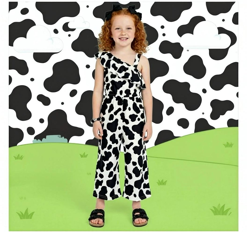 RESTOCKED! Girls/Toddler/Baby Cow Print One Shoulder Jumpsuit, 6 12 18 Months 2T 3T 4T 5 6 7 8 10 12 14 16 Years, Ranchy, Western, Cowgirl