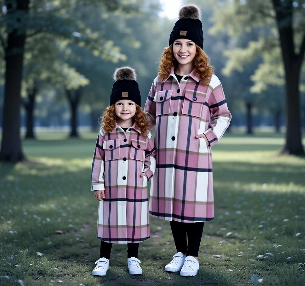 Mommy & Mini, Mom And Me - Pink Plaid Long Flannel Shacket, Trench Coat