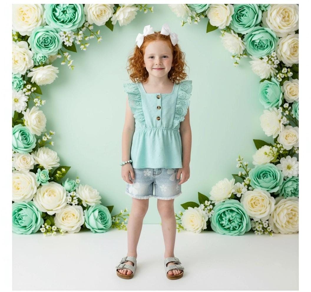 Girls Mint Swiss Dot Denim Short Set | Baby Toddler Summer Outfit | Ruffle Sleeve Top & Jean Shorts