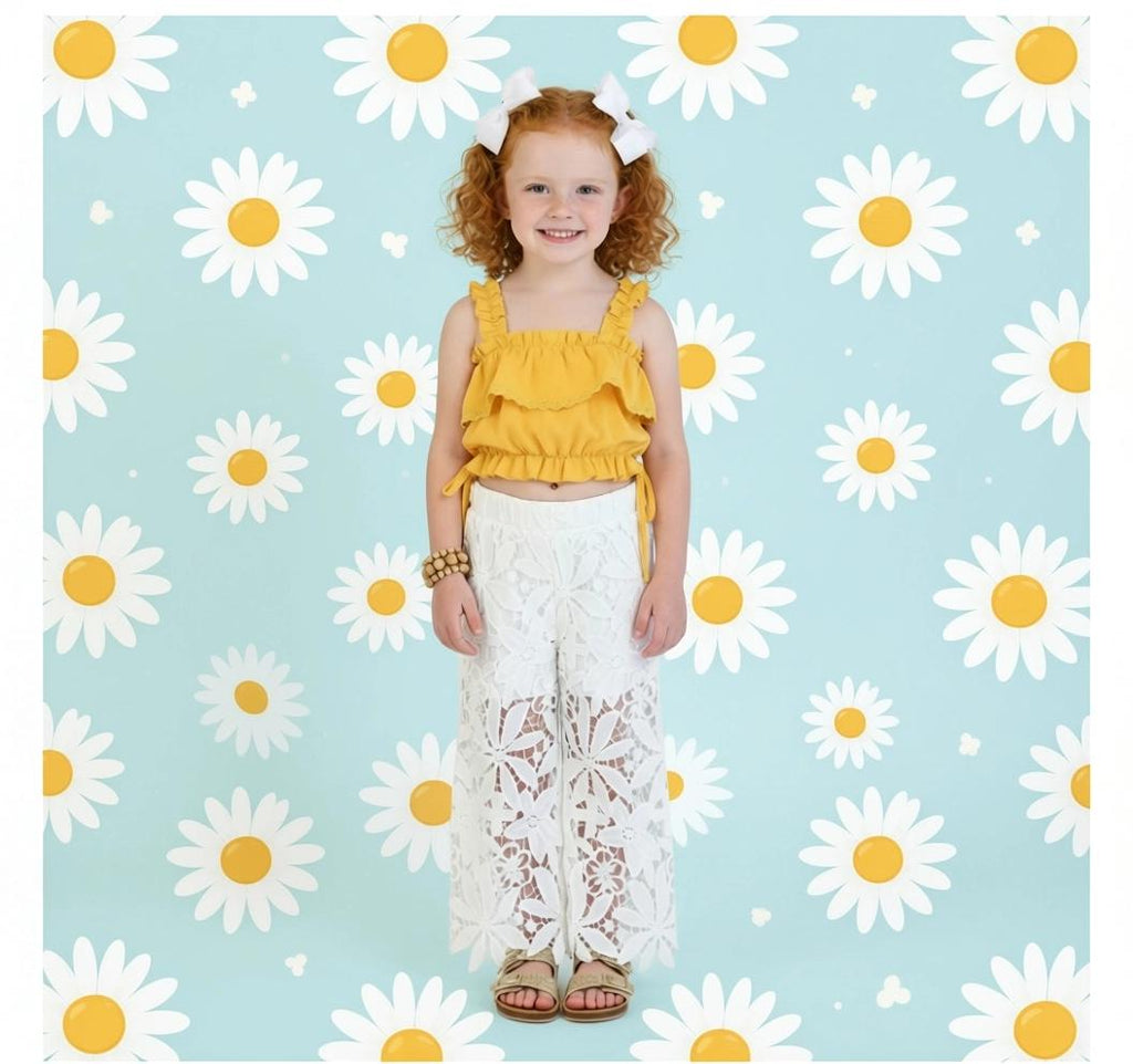 Girls Mustard Floral Outfit, Toddler Floral Pant Set, Baby Girl Boho Outfit, Mustard Lace Pants Set, Boutique Clothing
