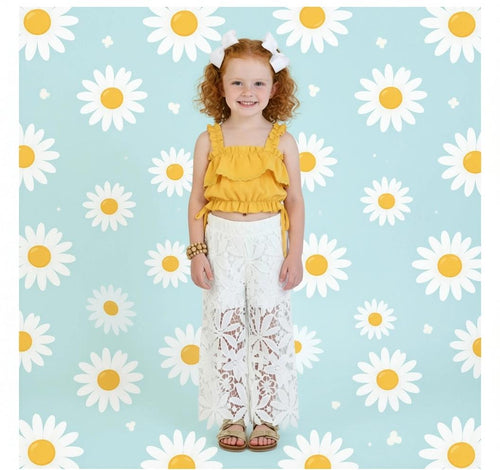 Girls Mustard Floral Outfit, Toddler Floral Pant Set, Baby Girl Boho Outfit, Mustard Lace Pants Set, Boutique Clothing