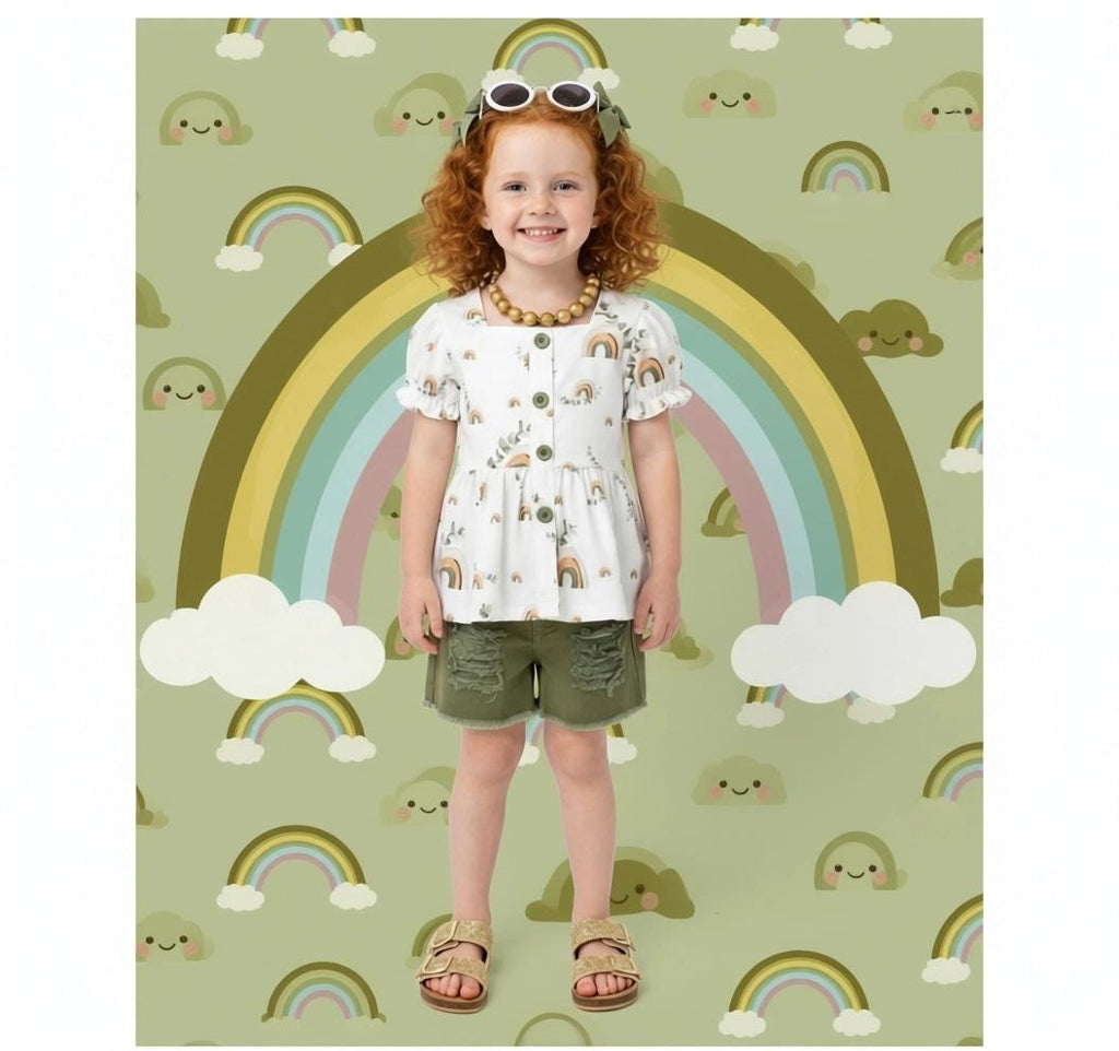 Girls/Toddler/Baby Olive Rainbow Distressed Denim Short Set