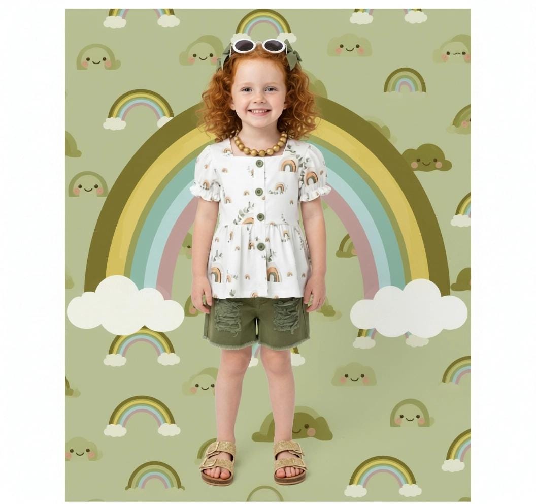 Girls/Toddler/Baby Olive Rainbow Distressed Denim Short Set
