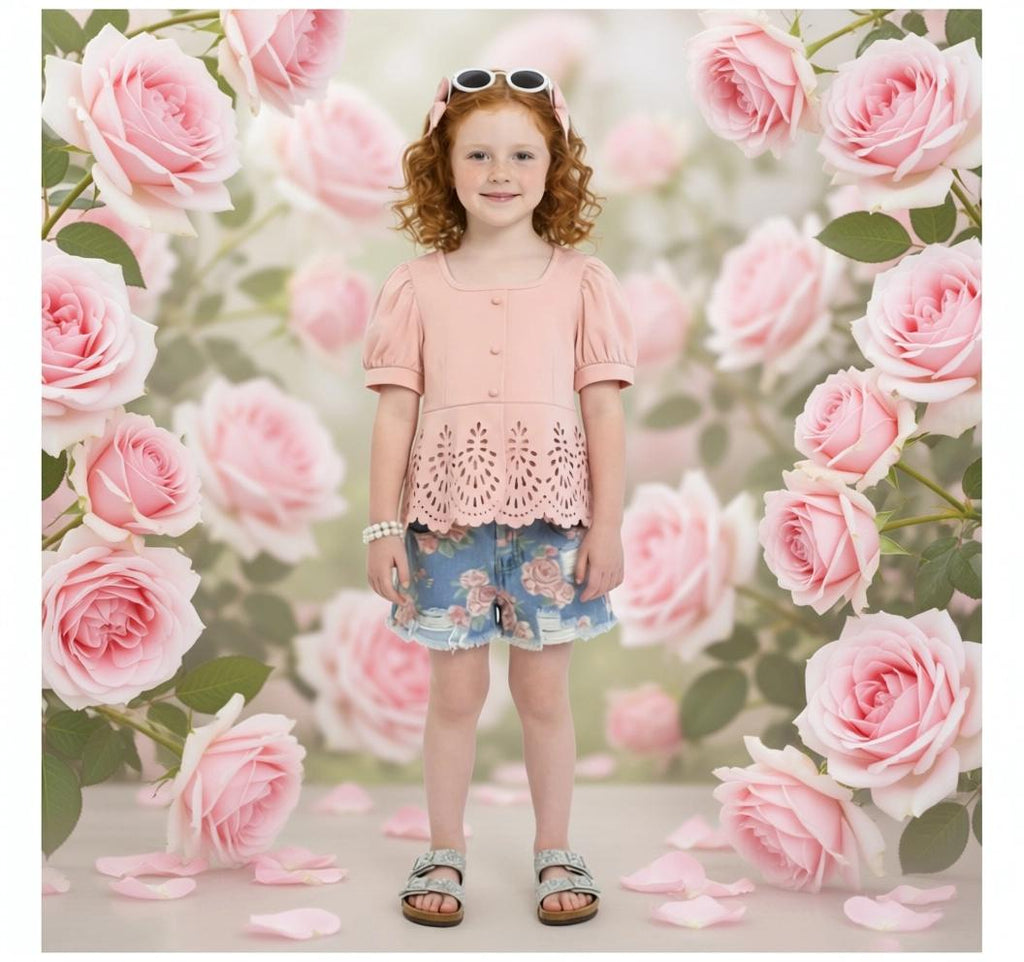Girls/Toddler/Baby Pink Painted Rose Denim Short Set