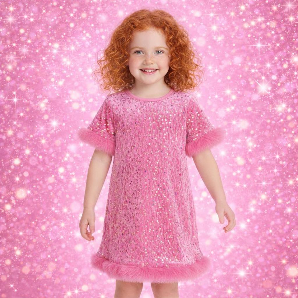 Girls Sequin Dress, Toddler Sparkle Dress, Baby Sequin Dress, Pink Purple Party Dress, Faux Fur Trim Dress, Birthday Outfit