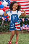 RESTOCKED Girls Stars & Stripes Sequin Denim Overalls | Toddler And Kids 4th of July Outfit | Patriotic USA Shortalls 6M–16Y