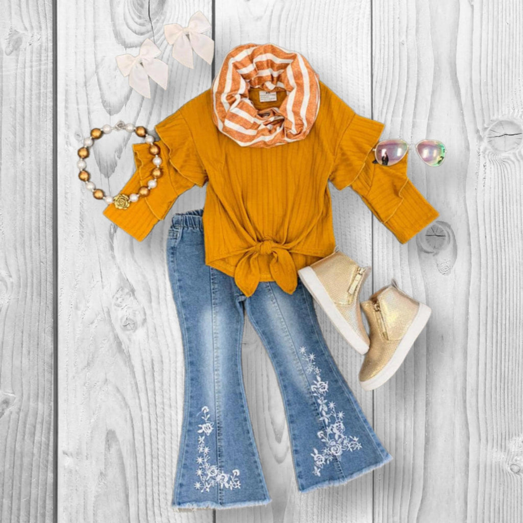 RESTOCKED! Girls/Toddler/Baby Scarf Denim Flare Set - Mustard Or Burgundy! 3 Piece Set, 6 12 18 Months 2T 3T 4T 5 6 7 8 10 12 14, Boutique