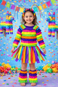 Girls Rainbow Piñata Halloween Costume, Toddler & Tween 4-Piece Costume Set, Long Sleeve Top, Skirt, Leg Warmers, Headband, Boutique Outfit
