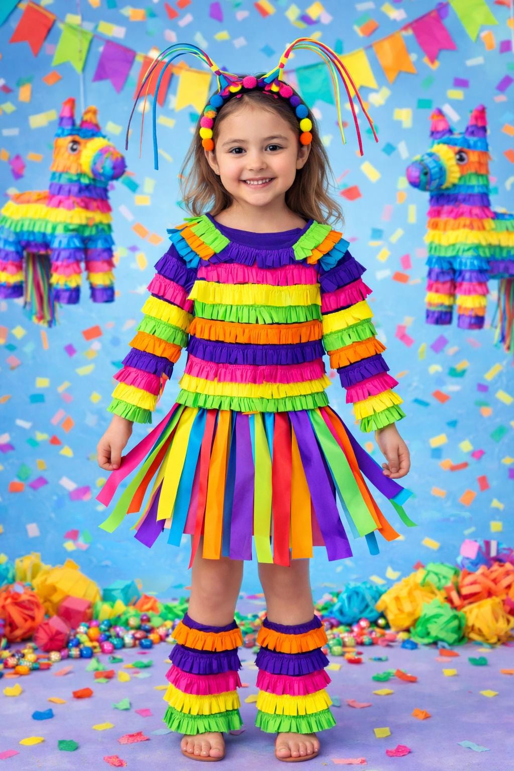 Girls Rainbow Piñata Halloween Costume, Toddler & Tween 4-Piece Costume Set, Long Sleeve Top, Skirt, Leg Warmers, Headband, Boutique Outfit
