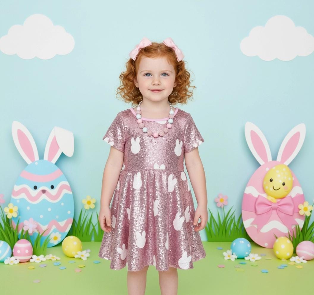 Pink Sequin Bunny Dress, Girls Spring Easter Outfit, Toddler Baby Cute Rabbit, Spring Celebration Apparel