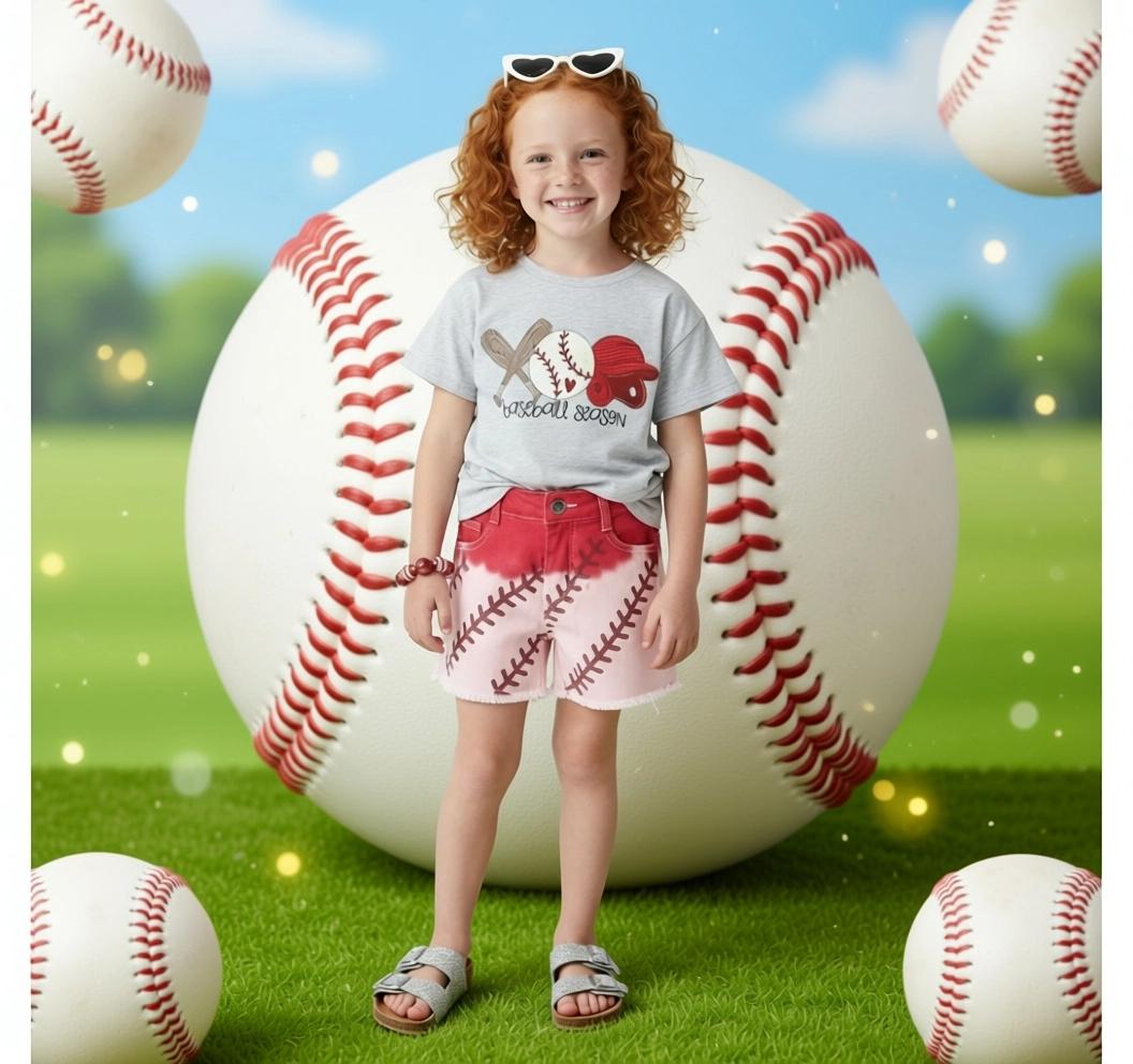 RESTOCKED! Girls/Toddler/Baby "Baseball Season" Gray & Red Ombre Denim Short Set, 6 12 18 Months 2T 3T 4T 5 6 7 8 10 12 14 16 Years, Tie Dye