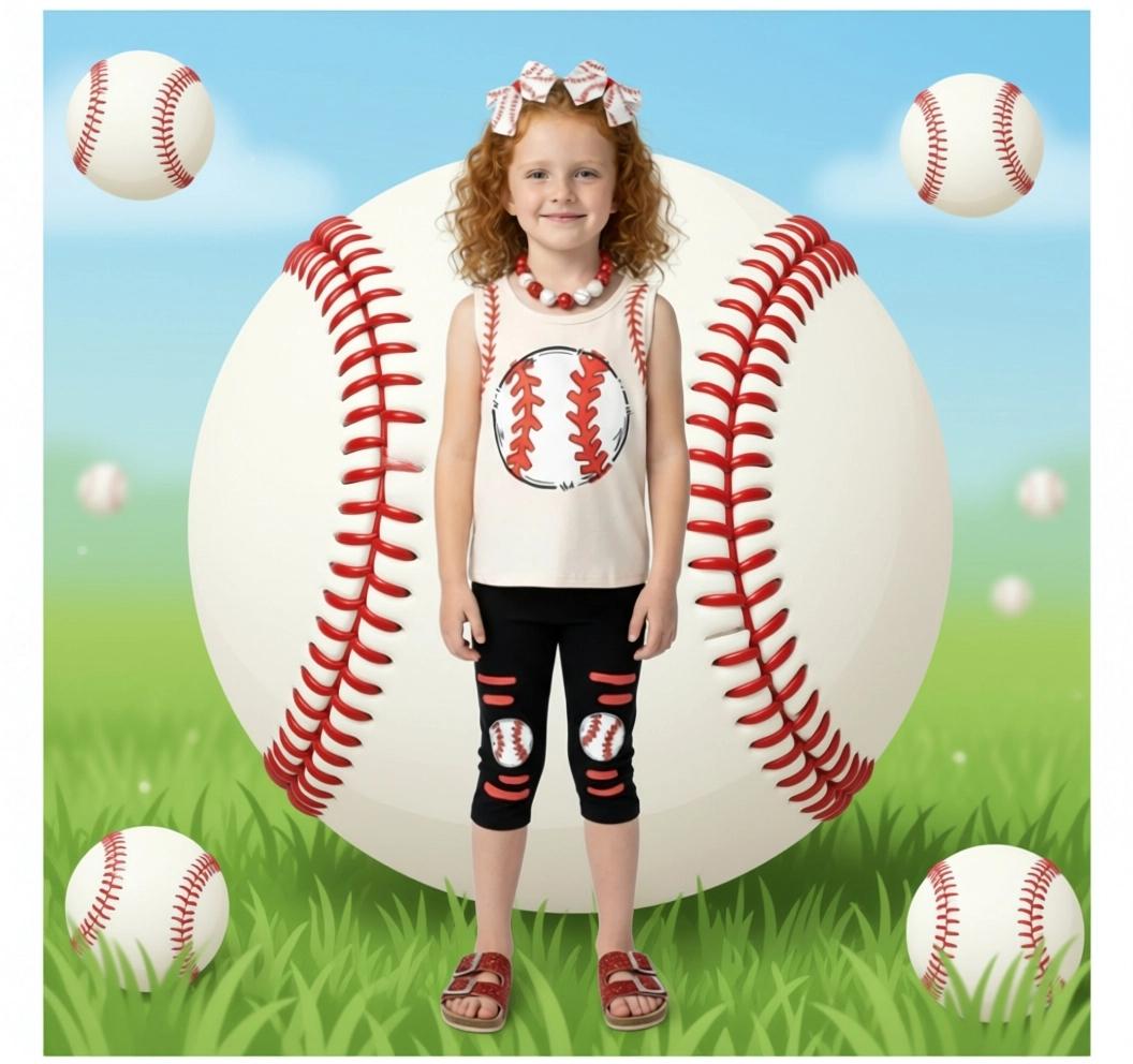 RESTOCKED! Girls/Toddler/Baby Tan & Black Baseball Stich Capri Set, 6 12 18 Months 2T 3T 4T 5 6 7 8 10 12 14 16, Tank Sleeve Sports Sister