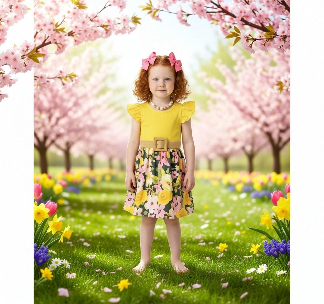 Girls Mustard Green Floral Dress, Spring Easter Outfit, Sizes 6M-16Y, Kids Clothing, Holiday Apparel, Flower Print