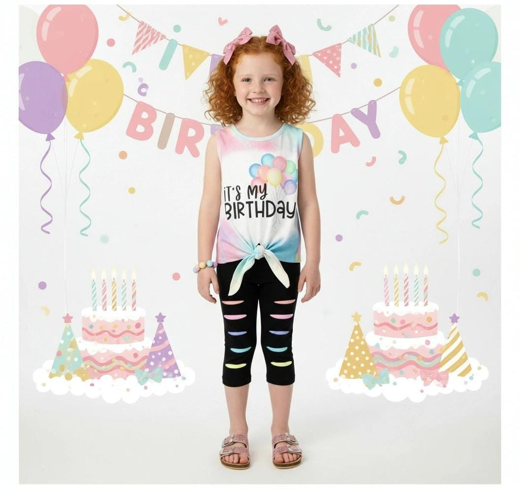 Toddler Girl Birthday Outfit, Pastel Rainbow Capri Set, It's My Birthday Shirt & Pants Set