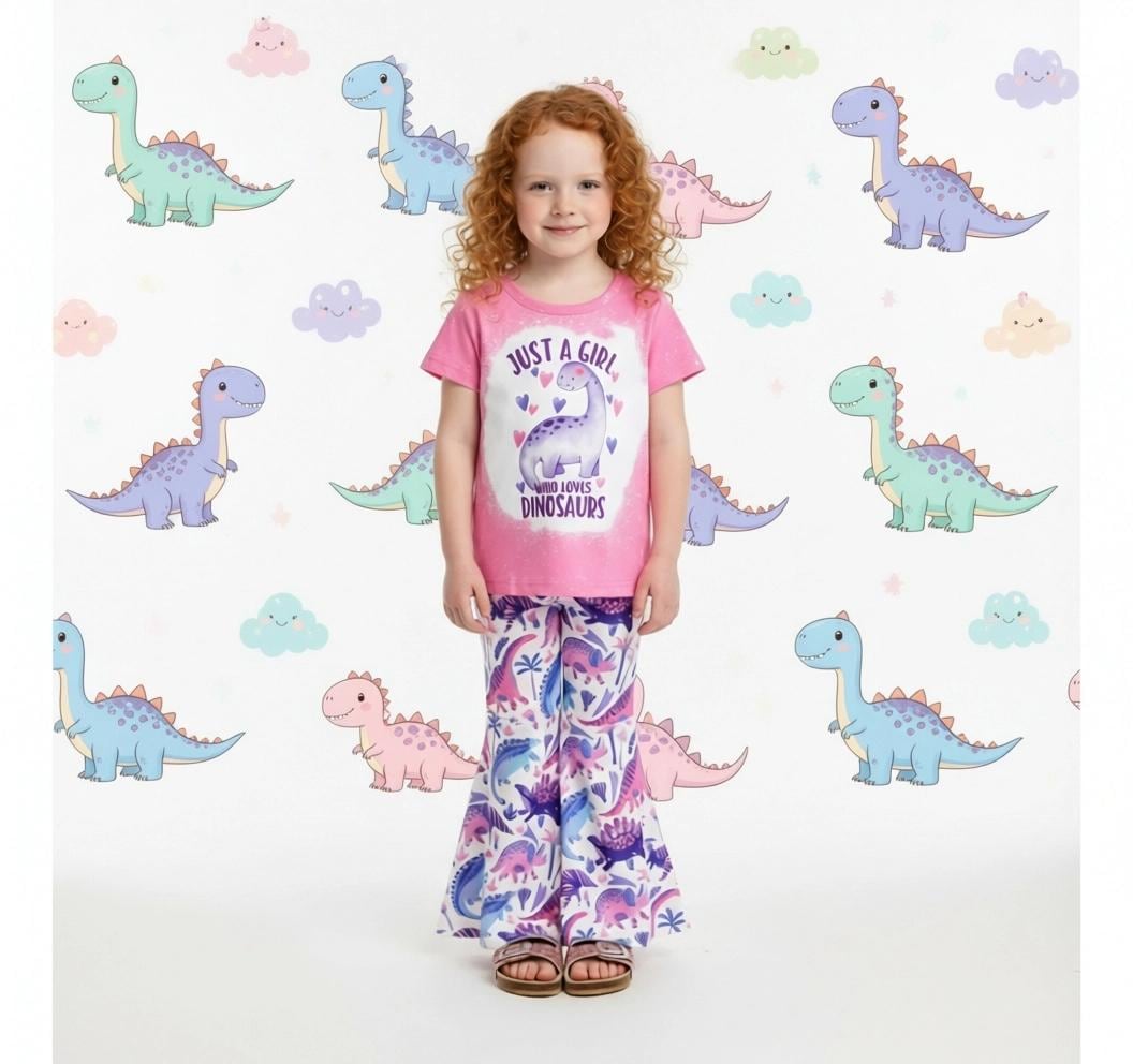 Girls/Toddler "Just A Girl Who Loves Dinosaurs" Bell Bottom Set, 12-18 Months 2T 3T 4T 5 6 7 8 10 12 Years, Outfit Pink Purple, Boutique