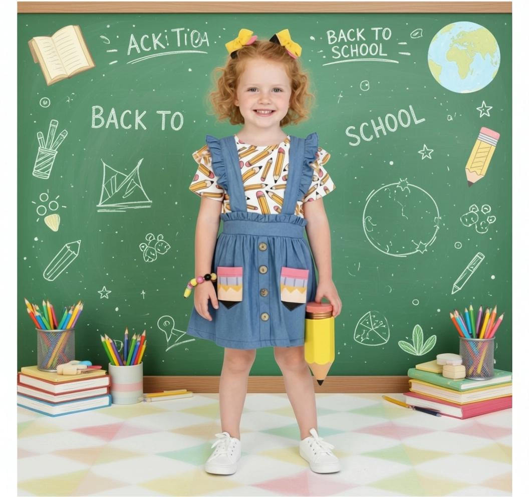 Girls White Chambray Suspender Skirt Set – Toddler & Youth Sizes – Back to School Outfit, First Day of School Look