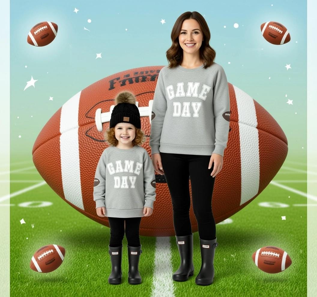 Mommy & Mini "Game Day" Long Sleeve Gray Top, Matching Pullover, Football, Mommy And Me